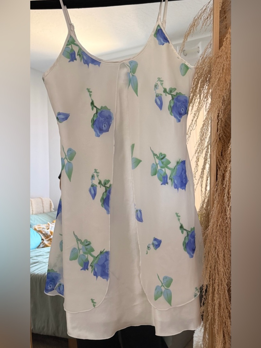 White Camisole Dress with Blue Floral Print